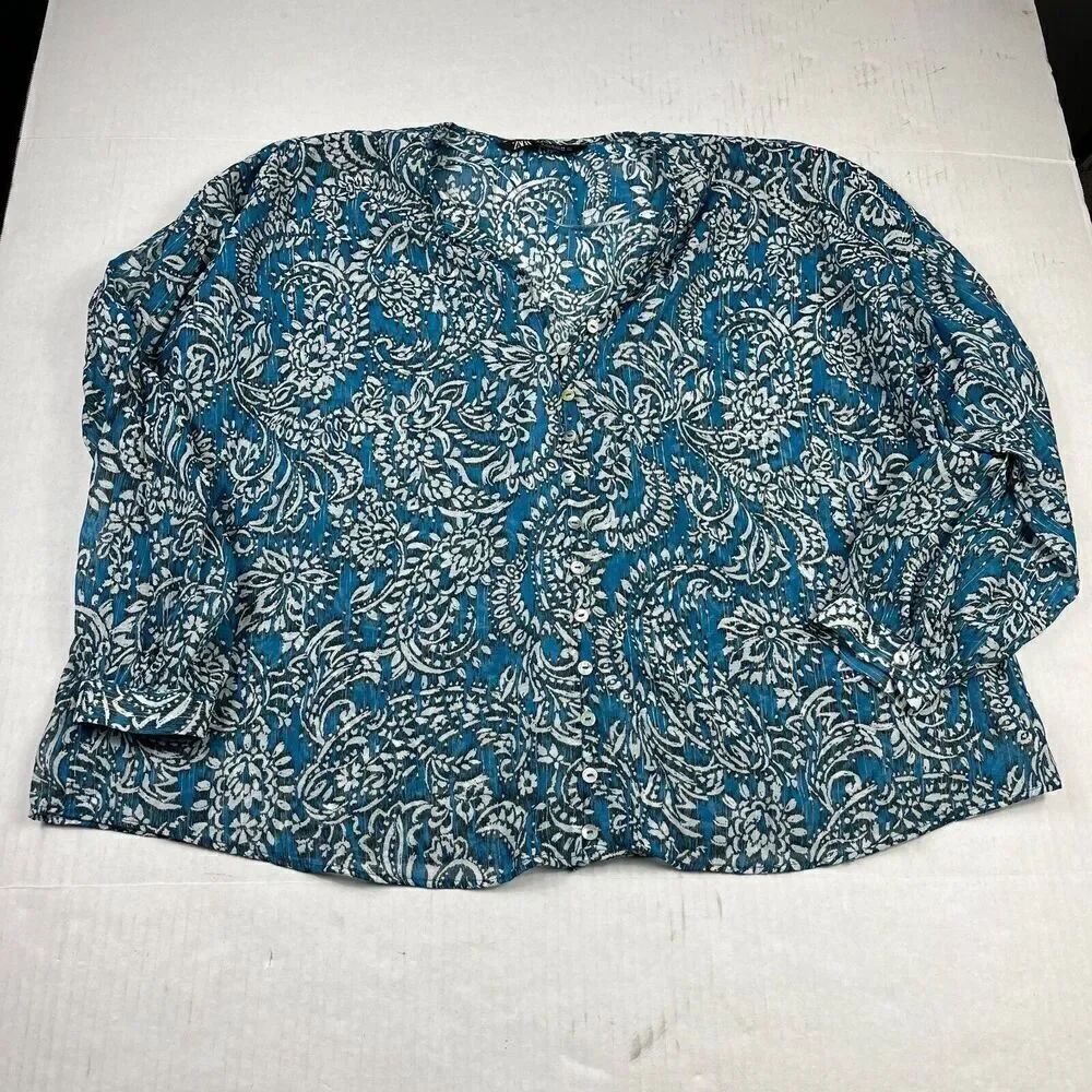 Zara Womens Button Down Peasant Top Paisley Lightweight Shirt Long Sleeve MEDIUM